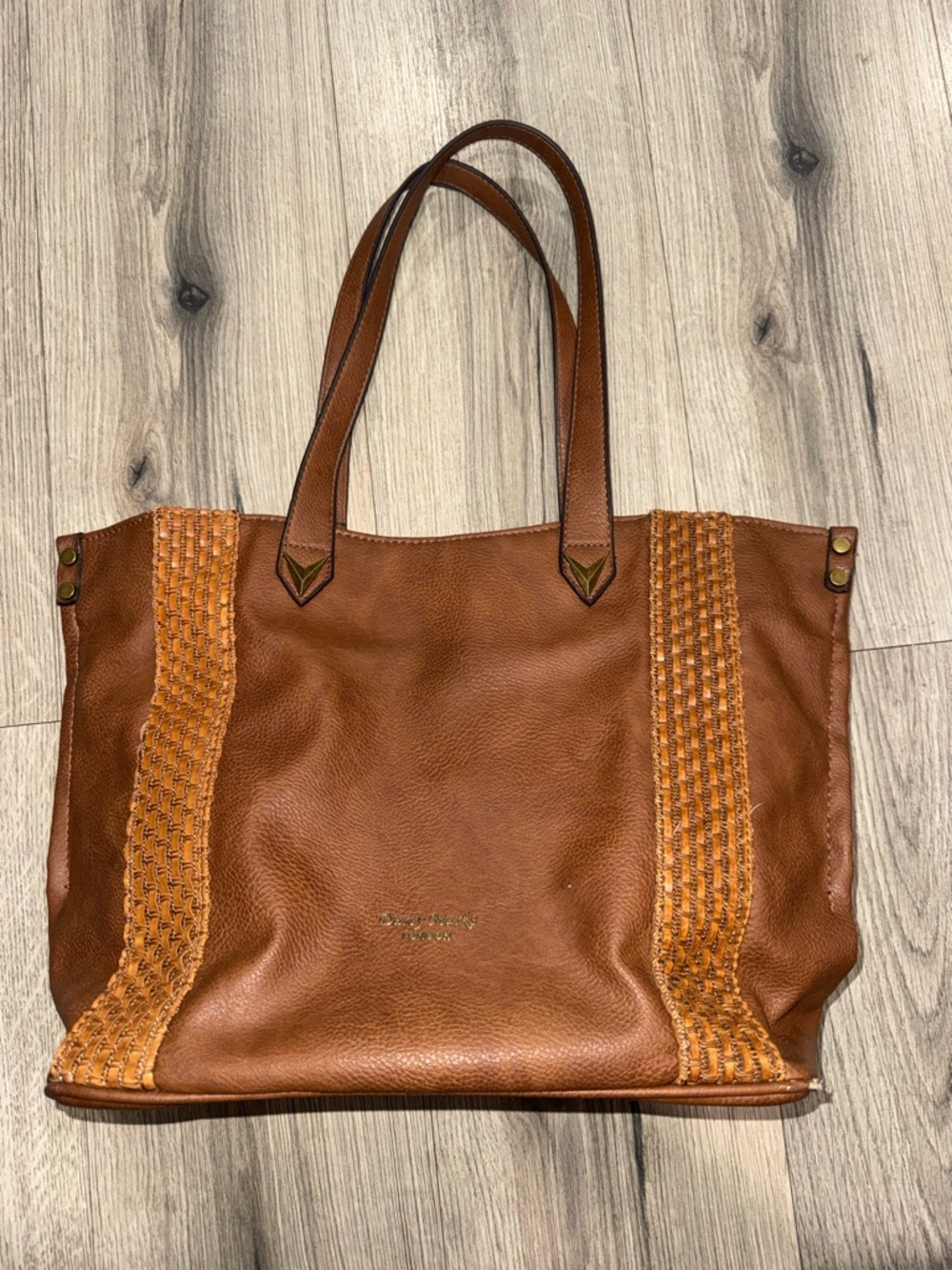 Woven-Trim Leather Tote Bag in Cognac